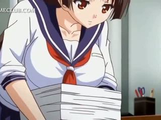 Anime girl in school uniform blowing large cock