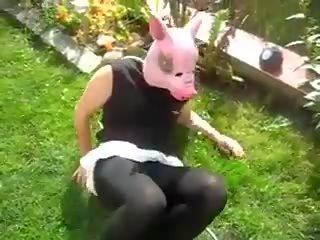Amateur German Mistress Abuses Slave-pig in Public.