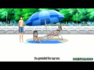 Swimsuit hentai girl oralsex and riding bigcock in the beach